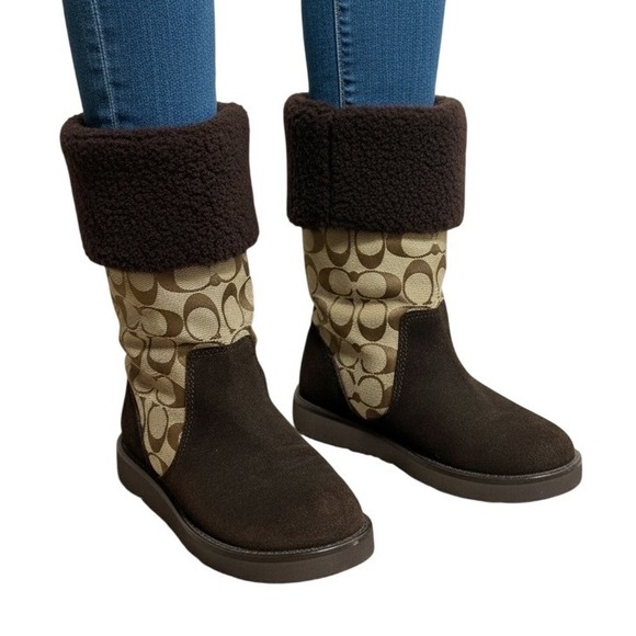 Coach Shoes - Coach Kally Signature Suede Winter Boots Women Brown Khaki Faux Fur Good 6.5 B